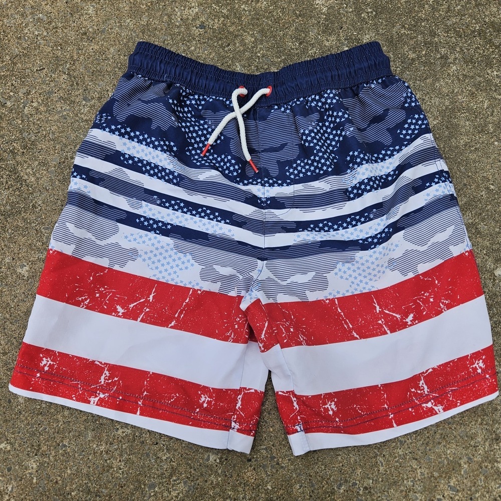 TOMMY BAHAMA Boys 10 12 L Swim Trunks USA Patriotic Flag American Mesh Lining